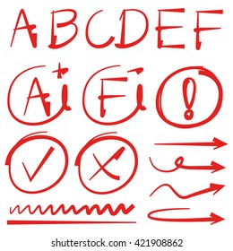 grade symbols, hand drawn grade results, arrows, check marks