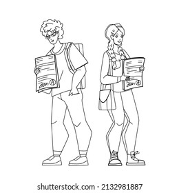 Grade Test Result Showing Schoolchildren Black Line Pencil Drawing Vector. Schoolboy And Schoolgirl Show Successful Grade Test Result. Characters Teenagers School Boy And Girl Pupils Illustration