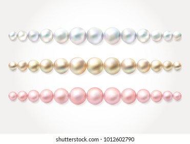 Graded pearl border frame. Vector calibrated  beads necklace set isolated on white background. Realistic pattern with 3d  pink, white and cream pearls.