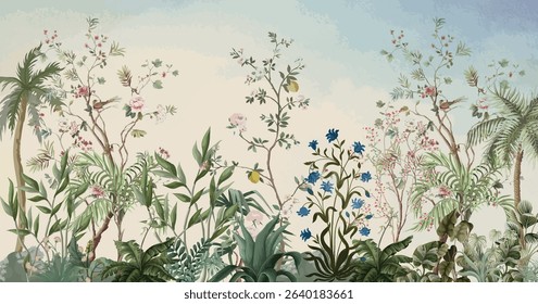 Graden Wall Mural,Mughal Garden, Tropical Wallpaper, Wallpaper Illustration.