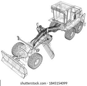 Grader. 3D rendering. Wire-frame. The layers of visible and invisible lines are separated. EPS10 format.