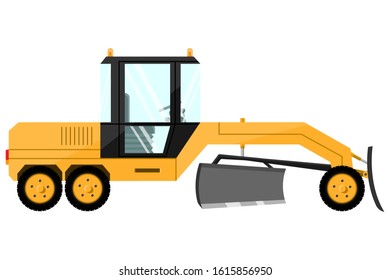 Grader. Design of a cool large new construction equipment in yellow. Steel reliable mashira for land robot. Vector illustration.