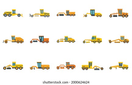 Grader machine icons set. Flat set of grader machine vector icons isolated on white background