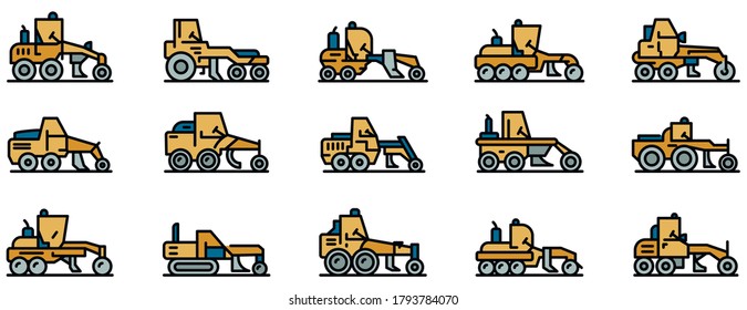Conjunto de iconos de la máquina Grader. Conjunto de esquemas de iconos vectoriales de máquina graduadora color de línea delgada plano sobre blanco