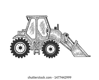 Grader road motor machine sketch engraving vector illustration. Scratch board style imitation. Black and white hand drawn image.