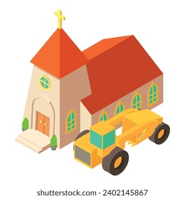 Grader work icon isometric vector. Construction grader near church building icon. Construction work, building site
