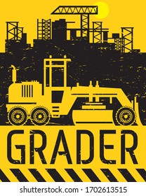 Grader working on road construction at construction site, abstract flat vector illustration