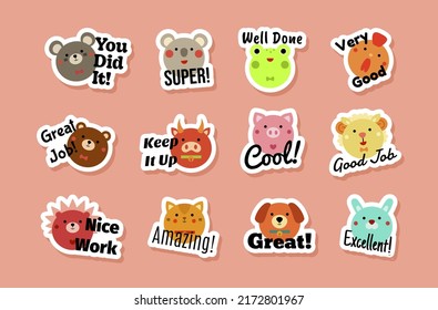 Grades for children funny sticker with animal characters and motivational quote set vector illustration. Typography comic inspirational emblem kids art cute motto card with mouse pig dog cat bear lion