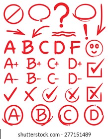 grades with circles and highlight elements, check marks, hand drawn elements, vector