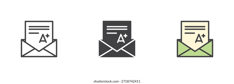 Icono de la educación del sobre de los grados fijado en estilo colorido del contorno de la línea, sólido y lleno. Resultados académicos Signo y Vector. Icono de Educación para calificaciones, evaluación y Comentarios escolar.
