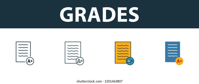 Grades Icon Set. Four Elements In Diferent Styles From School Icons Collection. Creative Grades Icons Filled, Outline, Colored And Flat Symbols.