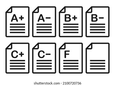 Grados en documento de papel.  Puntuación del resultado del examen. Vector de ilustración