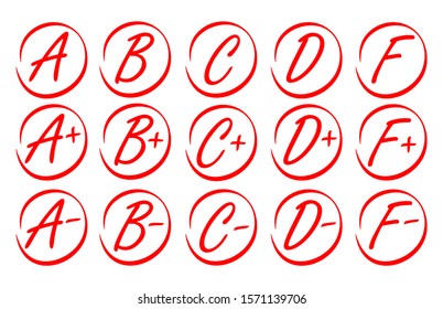 Grades results set. Vector hand drawn grades in red circle. Vector illustration.