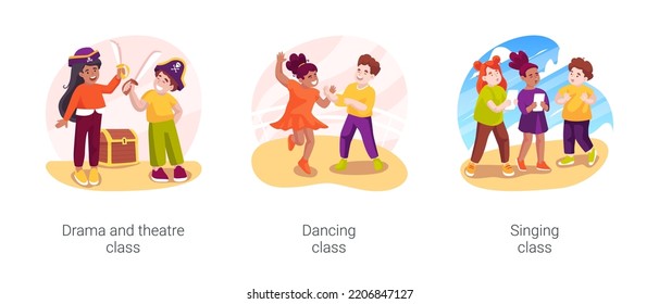 Gradeschoolers creativity and imagination isolated cartoon vector illustration set. Drama and musical theatre class, dancing and singing PA day program, art after school activity vector cartoon.