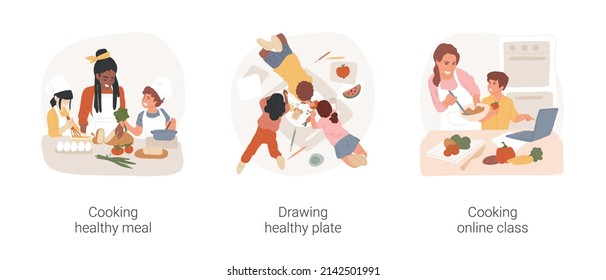 Gradeschoolers eating habits isolated cartoon vector illustration set. Cooking healthy meal, drawing healthy plate, nutrition online class for kids, after school education vector cartoon.