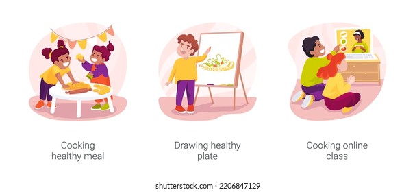 Gradeschoolers Eating Habits Isolated Cartoon Vector Illustration Set. Cooking Healthy Meal, Drawing Healthy Plate, Nutrition Online Class For Kids, After School Education Vector Cartoon.