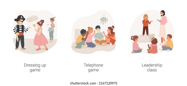 Gradeschoolers social and communication skills isolated cartoon vector illustration set. Dressing up role-playing game, telephone game, leadership class, afterschool program vector cartoon.