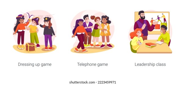 Gradeschoolers social and communication skills isolated cartoon vector illustration set. Dressing up role-playing game, telephone game, leadership class, afterschool program vector cartoon.