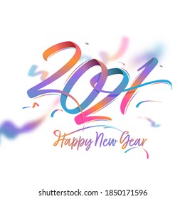Gradient 2021 Happy New Year Text On White Blurred Background.