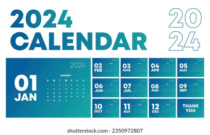 Gradient 2024 calendar template with green color, perfect for office, company, school, social media, advertising, printing and more