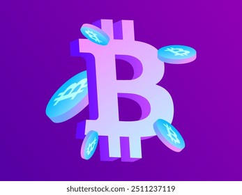 Símbolo Bitcoin 3D gradiente com moedas 3D. Gradiente roxo, azul e rosa. Moedas 3D com o símbolo Bitcoin. Design para banners, cartazes e produtos de publicidade. Ilustração vetorial