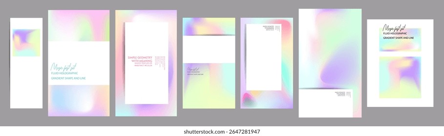 Gradient The 3D Memphis Style mesh cover set of backgrounds The Clean Style texture foil pearl shades. Abstract 3D gradient with holographic foil. 90s, 80s retro style