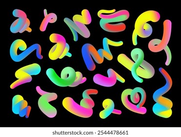 Gradient 3D shapes. Abstract colorful lines, twisty forms and vibrant flowing curves. Fluid style gradient tubes with smooth color blend transition isolated vector set.