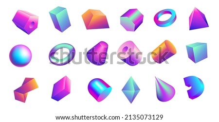 Gradient 3D shapes. Bright gradient geometric figures. Iridescent sphere cylinder and parallelepiped. Glossy pyramid. Holographic cone or ring. Sparkling cube. Vector abstract forms set 商業照片 © 