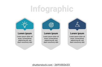 Plantilla de infografía empresarial de 3 pasos con iconos planos para presentación Corporativa, planificación estratégica y flujo de trabajo de marketing en estilo de Vector moderno