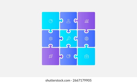 Las piezas del rompecabezas de Gradient 9 con iconos representan conceptos de negocios, trabajo en equipo y tecnología. Ideal para presentaciones, infografías o temas de análisis