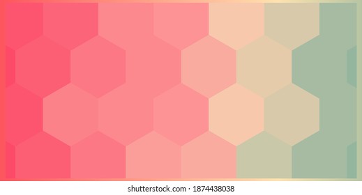 Gradient abstract background featuring a honeycomb hexagon pattern transitioning from pink and peach tones to muted green shades. Stylish and soft geometric design perfect for modern visuals