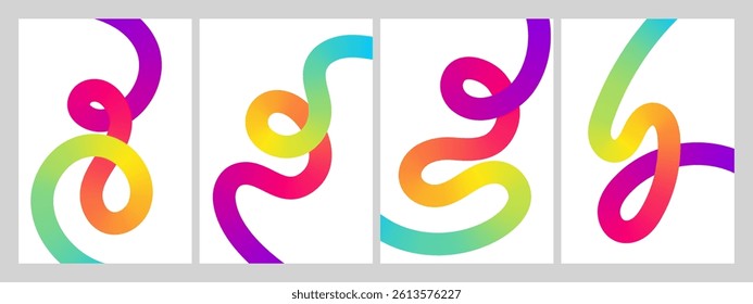 Gradient abstract backgrounds with 3D color lines on white background, vector posters and dynamic compositions for cards and prints