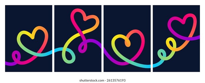 Gradient abstract backgrounds with 3D heart shaped colorful lines  modern vector posters and playful compositions for postcards and prints