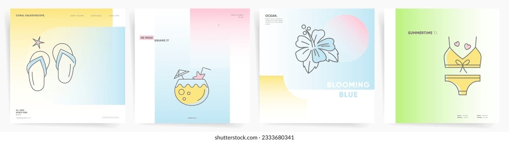Gradient abstract backgrounds with geometric holographic iridescent shapes and linear summer vacation illustrations.