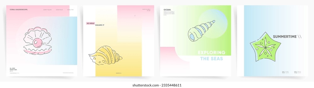 Gradient abstract backgrounds with geometric holographic iridescent shapes and linear seashells art.