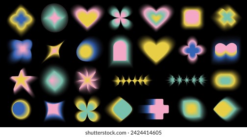 Gradient abstract blur shapes, blurry heart, stars, moon and floral aesthetic elements on black background Colorful soft gradients. Different geometric shapes with blur effect vector set. EPS 10	