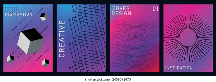 Gradient abstract cover background. Minimalist style cover template with vibrant perspective 3d geometric prism shapes collection. Creative covers for social media, poster, cover, banner, flyer