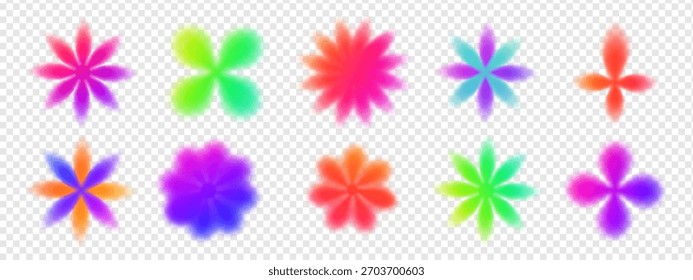 Gradient abstract flower set with y2k blur shapes and holographic aura on transparent background. Cute gradient flower y2k design in pink, blue, and neon tones for aesthetic vector compositions.