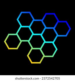 Farbverlauf-abstrakter Hexagon-Rahmen oder Tapete auf schwarzem Hintergrund.  Bienenhaus- oder Honigwabenrahmen