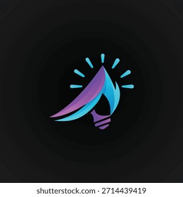 Gradiente abstrato logotipo conceito de lâmpada com cores vibrantes roxo e azul emitindo raios