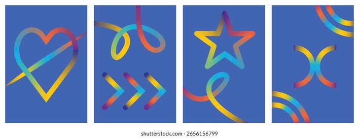 Gradient abstract line icons including heart, arrows, star, and curves on vibrant blue background. Trendy colorful elements for posters, prints, or digital art. High-resolution modern vector pack.