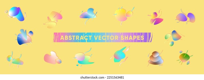 Gradient abstract shapes set. Creative geometric pattern elements. Modern acid curved funky forms. Vector isolated banner design.
