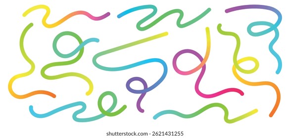 Gradient abstract squiggly lines. Geometric color shapes set. Design with wave spiral. Colorful swirl elements of rainbow palette. Graphic Fluid spiral pattern. Childish vector illustration.
