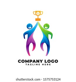 Gradient Abstract Two People Lift a Trophy Logo Vector Icon Illustration