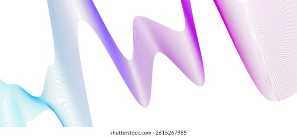 Gradient abstract wave in shades of pink, purple, and blue with smooth curves and fine contour lines on a white background, symbolizing fluidity, data, or sound flow.
