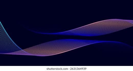 Gradient abstract waves in pink and blue shades with smooth curves and subtle contour lines on a dark blue background, symbolizing fluidity, data or sound flow.