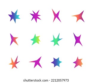 Gradient acid shapes of stars, space stars, sunbeams, glare and flares in flat style. y2k deformation retro grunge elements