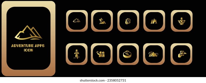  Gradient Adventure icons set. Containing hike, campfire, snorkeling, climbing, travel and canoeing icons. Outdoor activity concept. Solid icon collection.