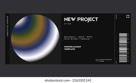 Gradient aesthetic art modern ticket design. Template layout with blurred digital gradient resembling a planet.