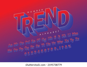 Gradient angled font in red and blue halftone. Vector 3D comic screen tone typographic design. Dimensional alphabet and number. Stylish cool typeface for poster, cover, brochure, graphic layout, etc. 